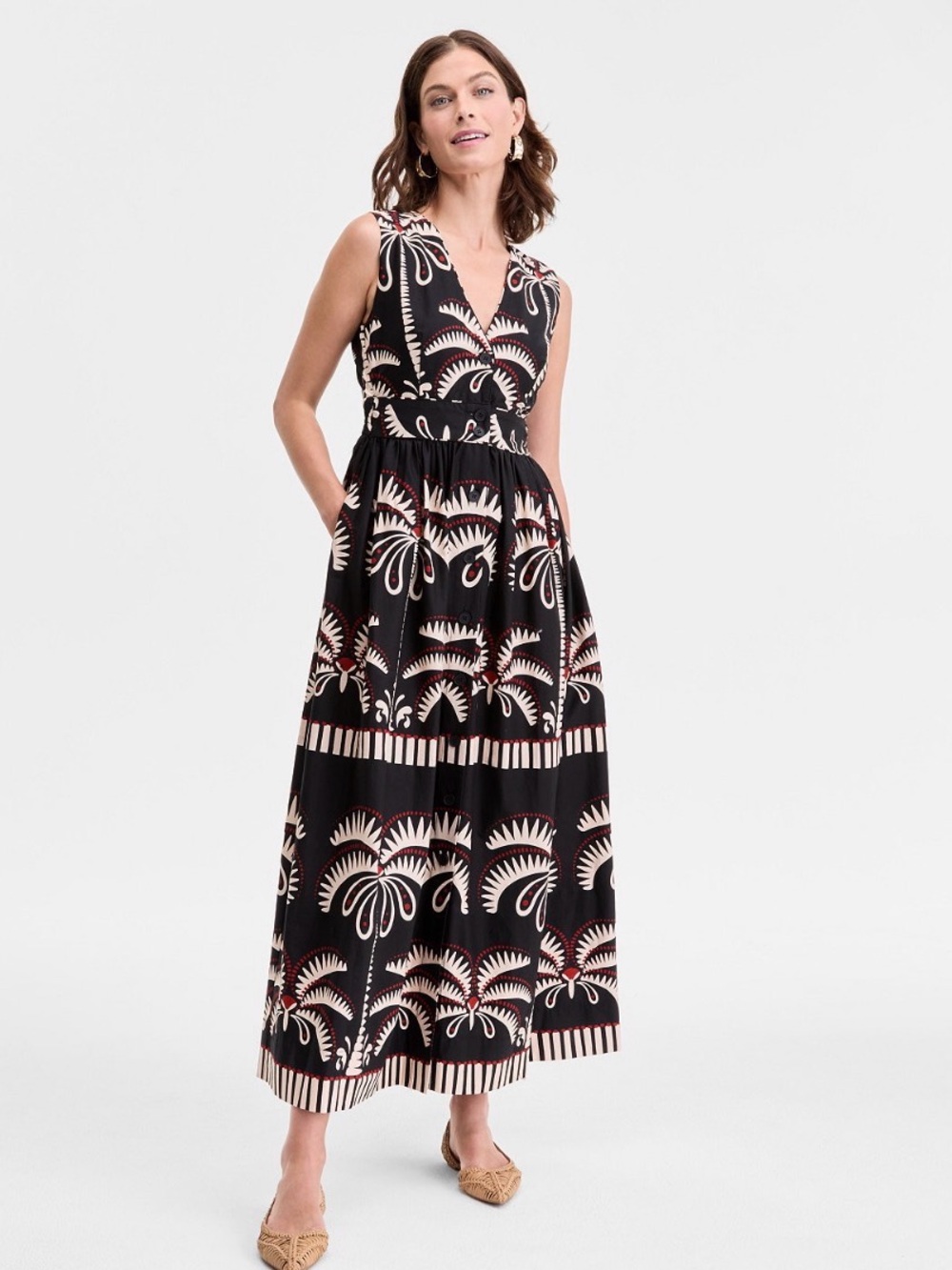 INC International Concepts Black Palm Print V-Neck Maxi Dress Pockets